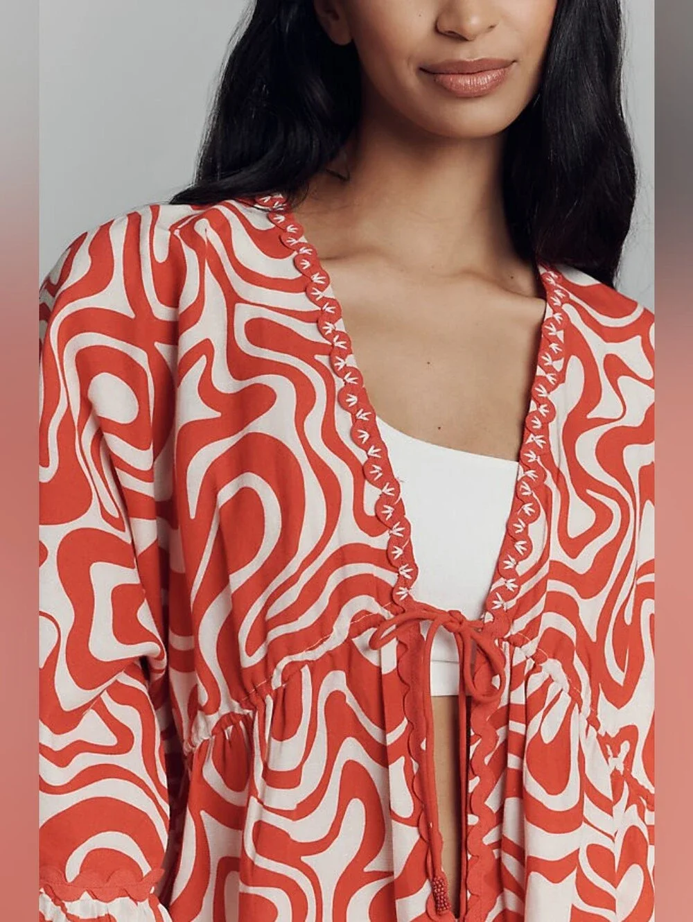 Conditions Apply Tie Front Cotton Linen Shawl Jacket